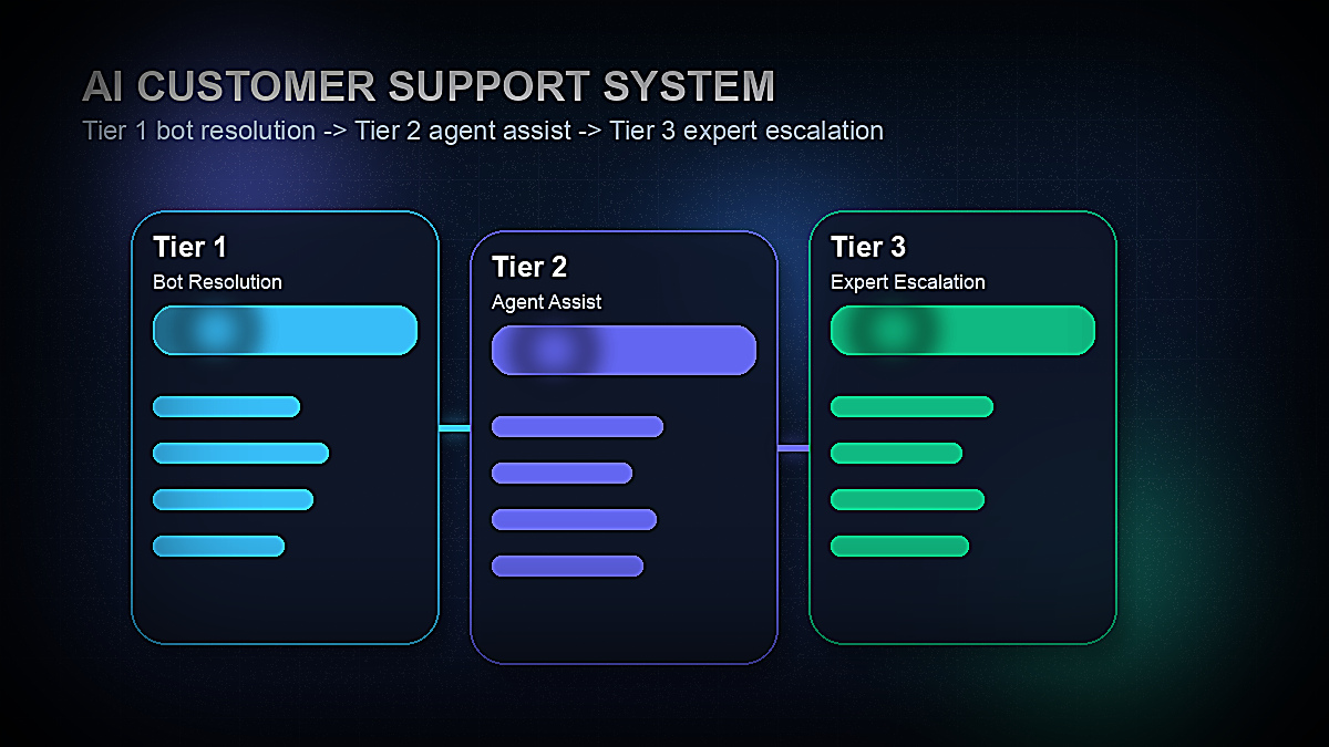 AI customer support system architecture diagram showing tier 1 chatbot, tier 2 agent assist, and tier 3 escalation in 2026