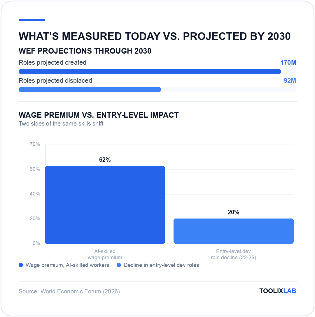 Chart comparing WEF projected roles created versus displaced by 2030, and the AI wage premium versus entry-level role decline