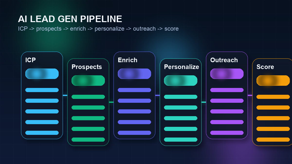 AI lead generation workflow pipeline showing ICP definition, prospecting, enrichment, personalization, outreach sequencing, and lead scoring in 2026