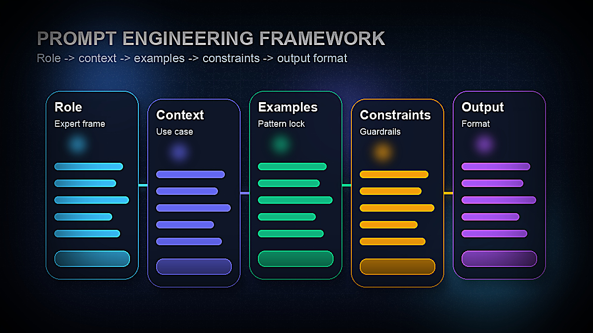Prompt engineering framework showing role, context, examples, constraints, and output format layers for AI prompting in 2026