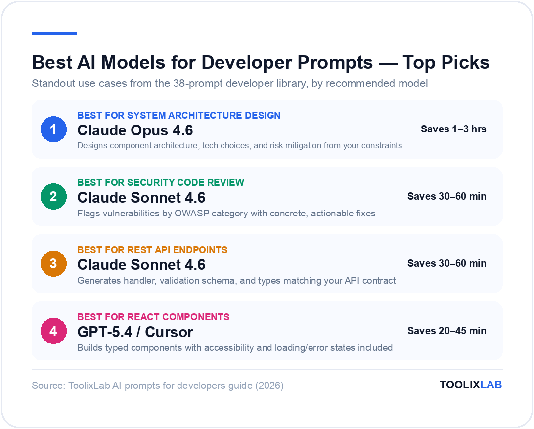 Best AI models for developer prompts 2026: Claude Opus 4.6 for system architecture, Claude Sonnet 4.6 for security review and REST APIs, GPT-5.4 or Cursor for React components
