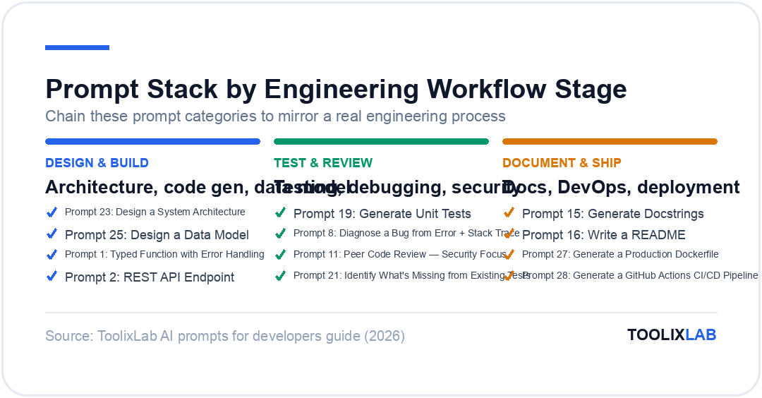 Prompt stack by engineering workflow stage: design and build, test and review, document and ship