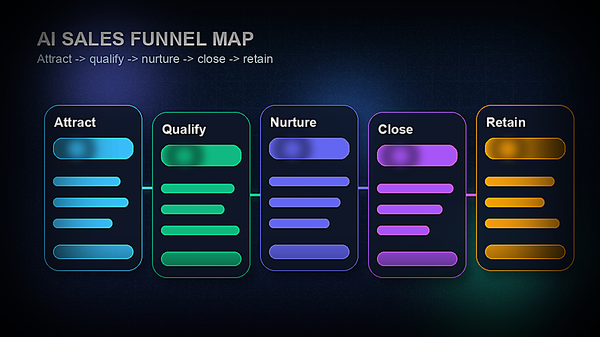 AI sales funnel map showing attract, qualify, nurture, close, and retain stages connected in a 2026 workflow