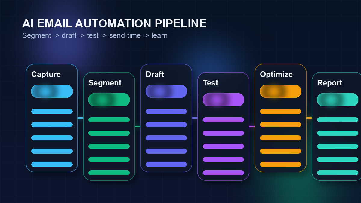 AI email automation pipeline showing capture, segmentation, drafting, testing, send-time optimization, and reporting steps for 2026