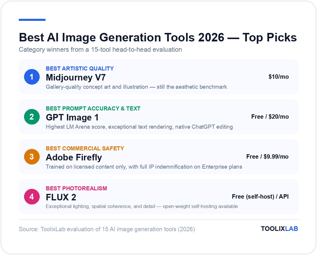 Top AI image generation tool picks 2026: Midjourney V7 best artistic quality, GPT Image 1 best prompt accuracy and text, Adobe Firefly best commercial safety, FLUX 2 best photorealism