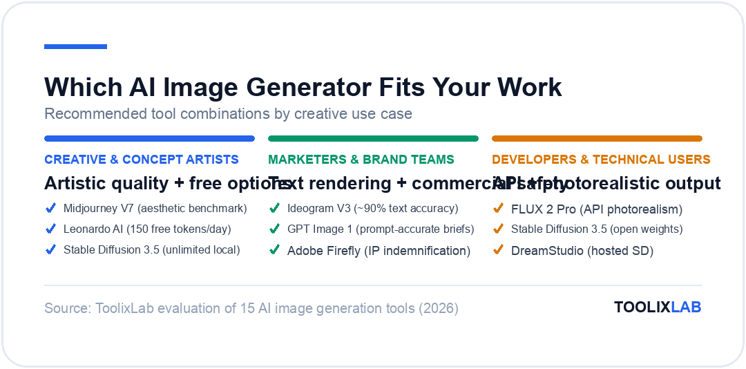 Three recommended AI image generation tool combinations by use case: creative and concept artists, marketers and brand teams, developers and technical users