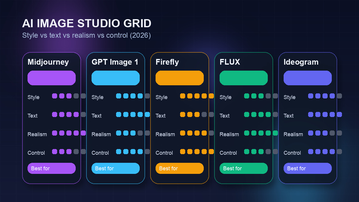 Comparison board showing AI image generation styles across Midjourney, GPT Image 1, Firefly, FLUX, and Ideogram