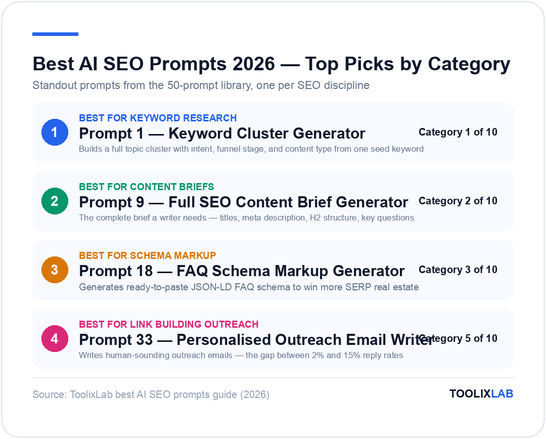 Best AI SEO prompts 2026 top picks: keyword cluster generator, full SEO content brief generator, FAQ schema markup generator, personalised outreach email writer