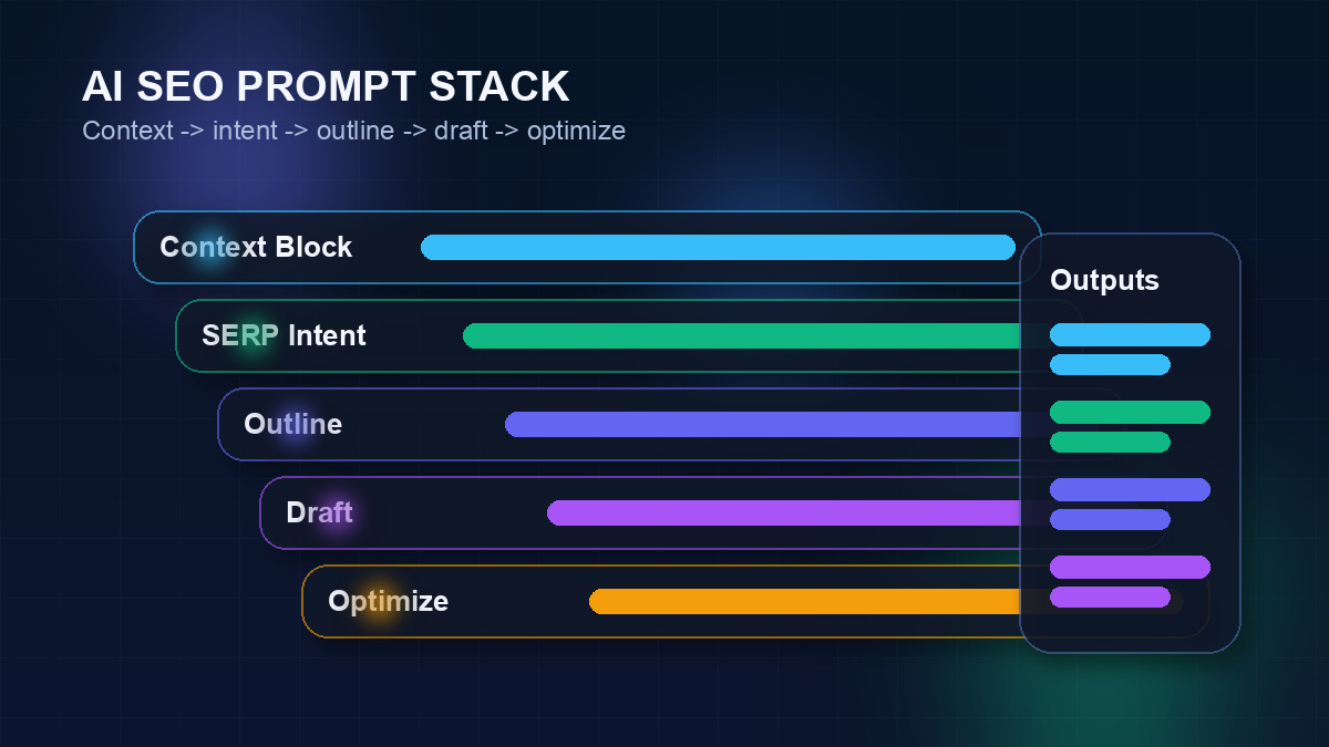 AI SEO prompt stack diagram showing context, intent, outline, draft, and optimization stages for SEO workflows in 2026
