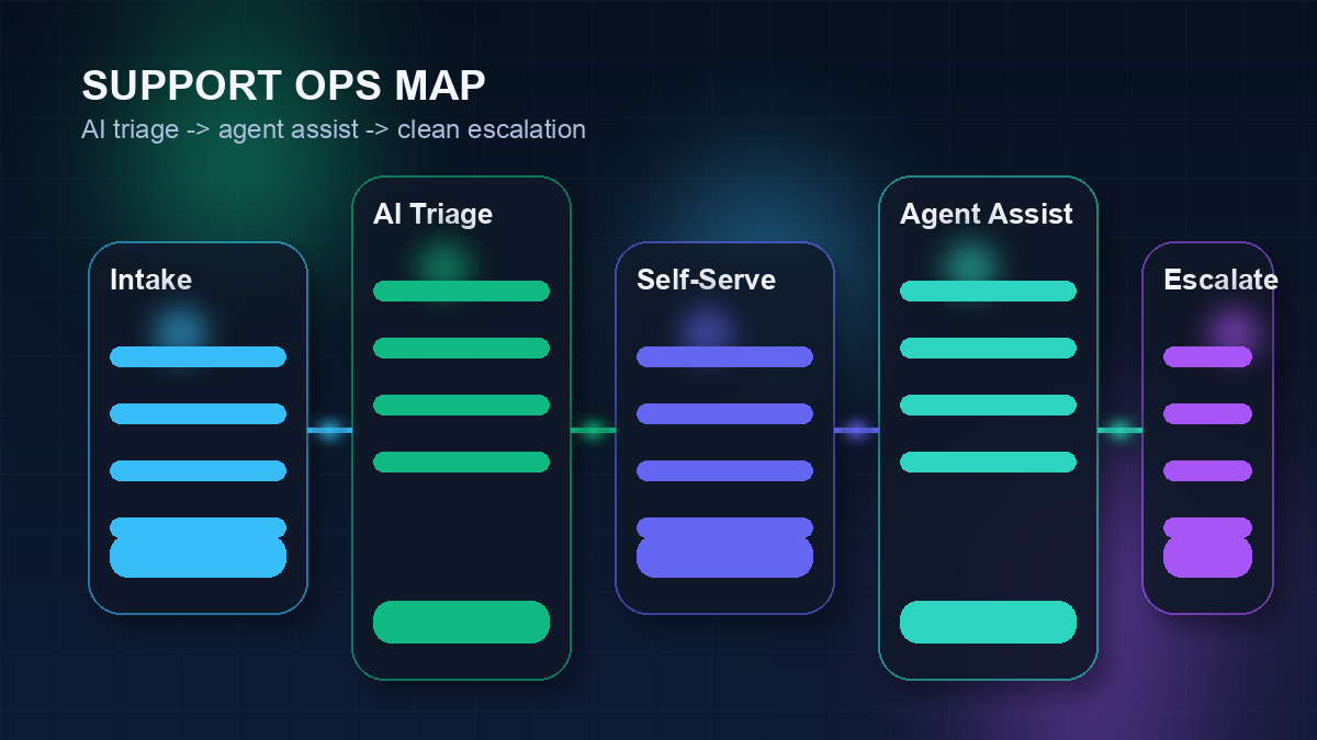 Customer support operations map showing AI triage, agent assist, ticket routing, and escalation handoff