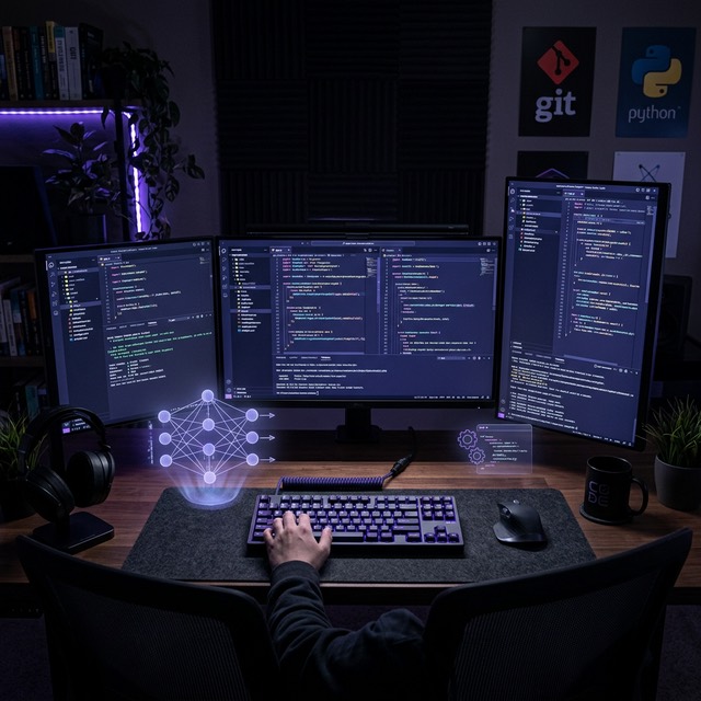 Developer's professional workspace with code monitors and holographic AI elements