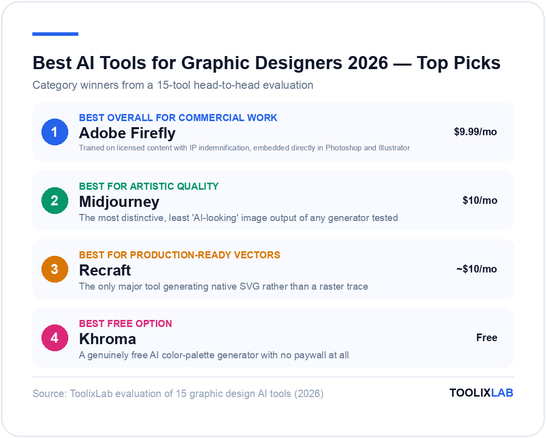 Top AI tool picks for graphic designers 2026: Adobe Firefly best overall for commercial work, Midjourney best for artistic quality, Recraft best for production-ready vectors, Khroma best free option