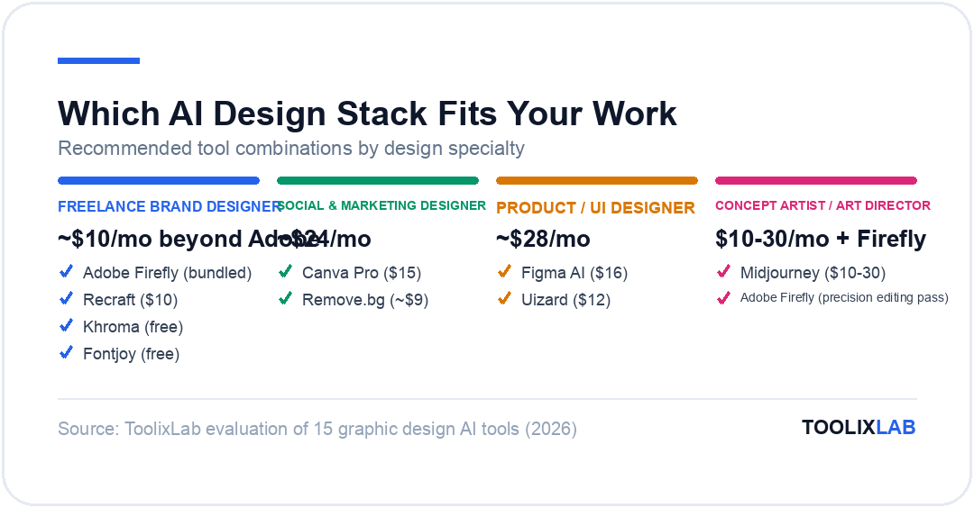 Four recommended AI design tool stacks by specialty: freelance brand designer, social and marketing designer, product/UI designer, and concept artist