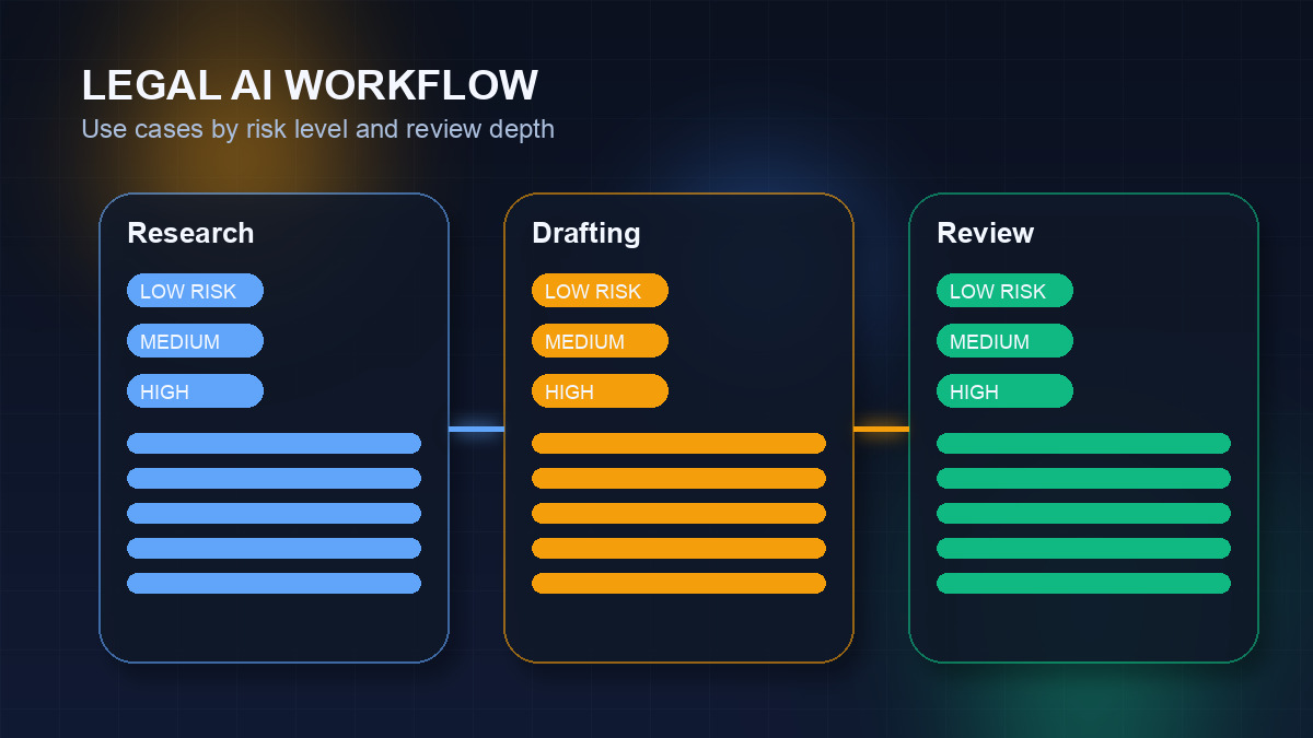 Legal AI workflow map showing research, drafting, and review use cases by risk level and required human oversight in 2026