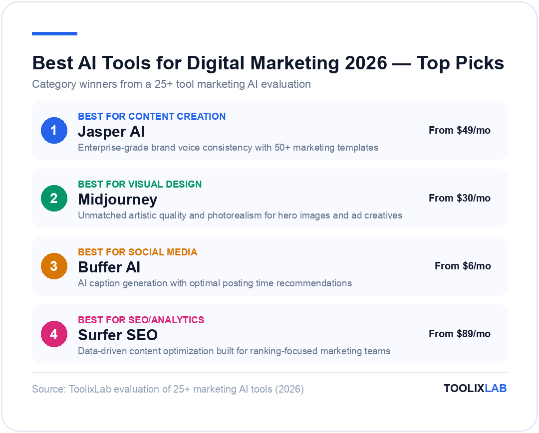 Top AI tool picks for digital marketing 2026: Jasper AI best for content creation, Midjourney best for visual design, Buffer AI best for social media, Surfer SEO best for SEO and analytics