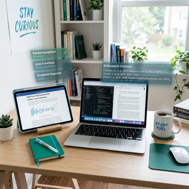 Student's desk with digital overlays showing AI research citations and flashcards