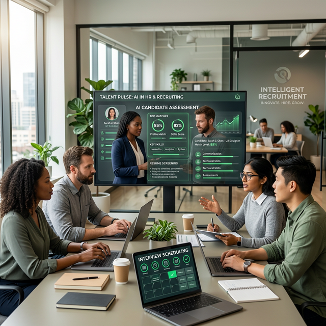 HR professional using AI recruitment dashboard on laptop with candidate pipeline visible