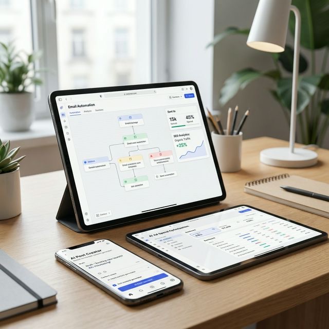 Dashboard showing AI content performance metrics and automated scheduling