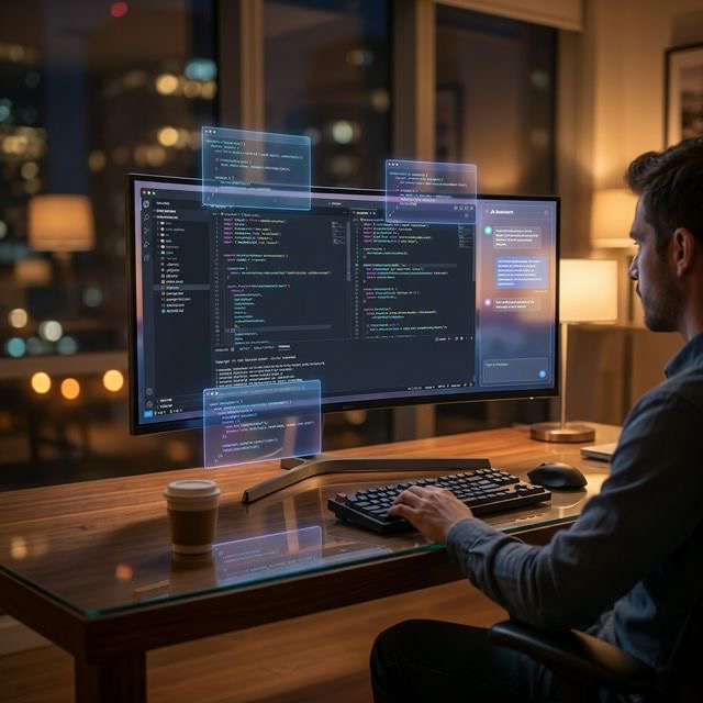 Side-by-side comparison of AI coding interfaces highlighting syntax highlighting and debugging features
