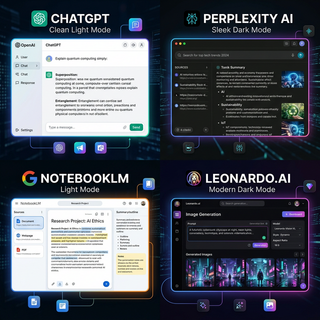 Collage of free AI tool interfaces including ChatGPT, Perplexity, NotebookLM, and Leonardo.ai