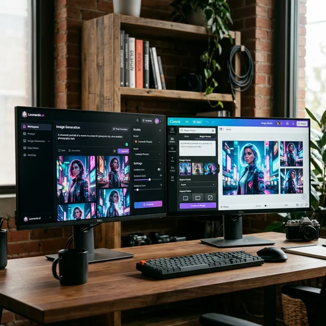 Side-by-side comparison of Leonardo.ai and Canva AI image generation on dual monitors