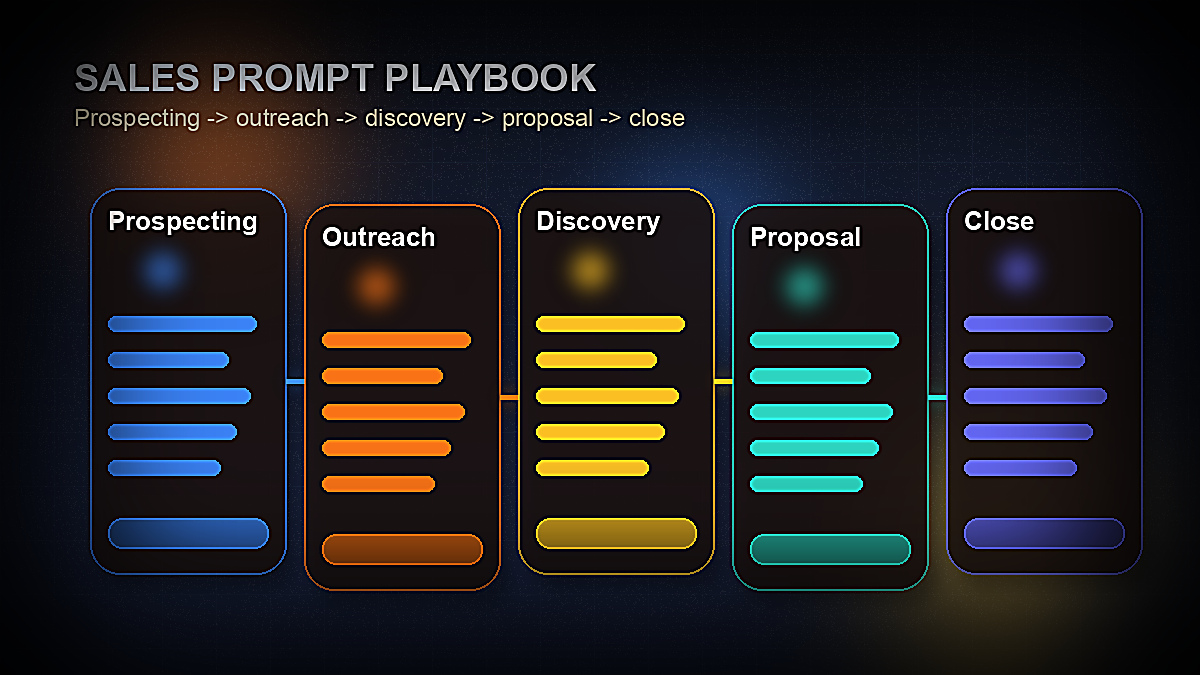 Sales prompt playbook covering prospecting, outreach, discovery, proposal creation, and closing workflows