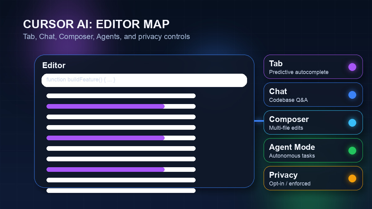 Cursor AI editor map showing Tab autocomplete, chat, composer multi-file editing, agent mode, and privacy controls in 2026