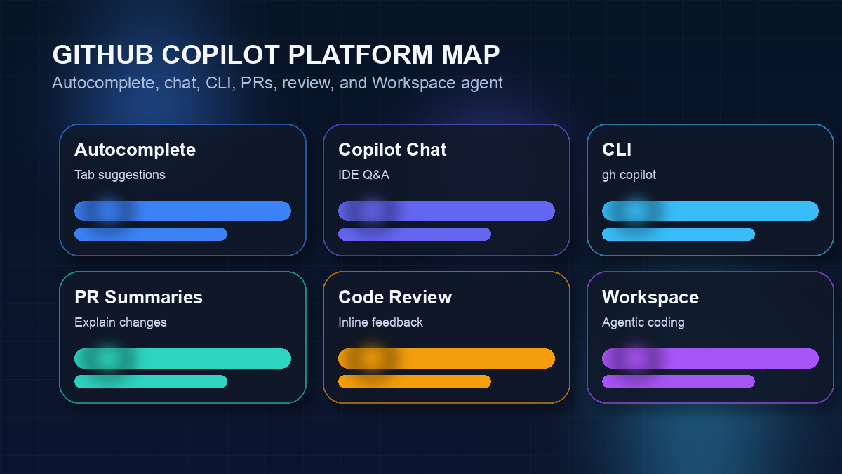 GitHub Copilot platform map showing tab autocomplete, chat, CLI, pull request summaries, code review, and Copilot Workspace agent in 2026