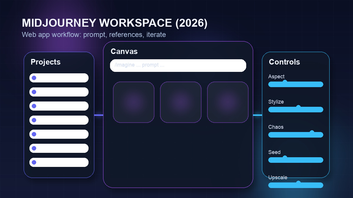 Midjourney 2026 workflow showing web app, prompt controls, and reference image workflow