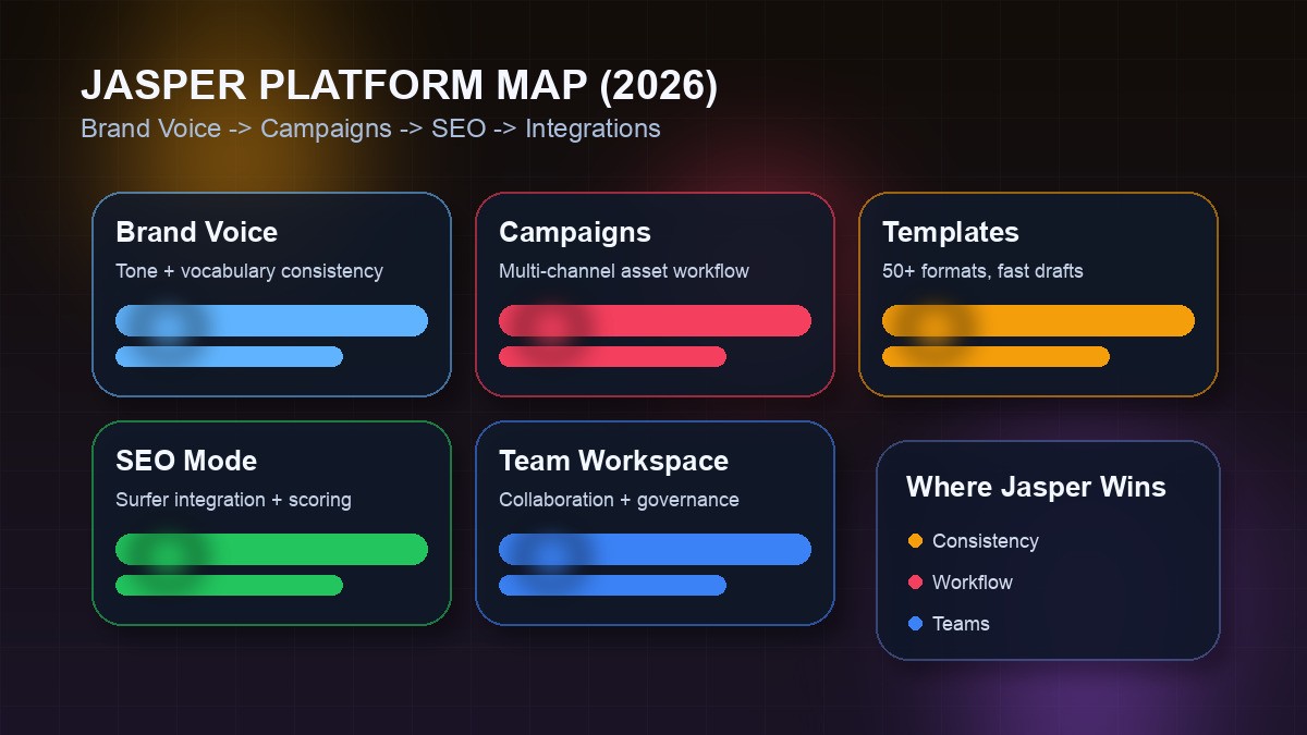 Jasper AI platform map showing Brand Voice, Campaigns, templates, SEO mode, integrations, and team workflows in 2026