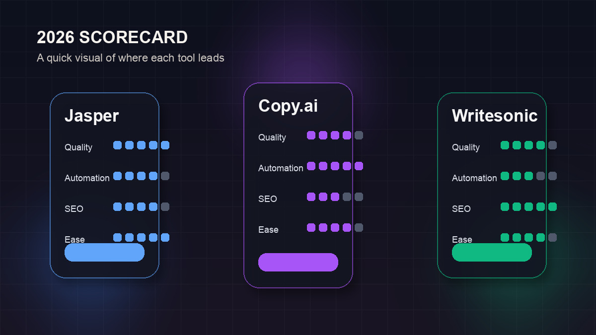 Visual 2026 scorecard comparing Jasper, Copy.ai, and Writesonic across quality, automation, SEO, and ease of use