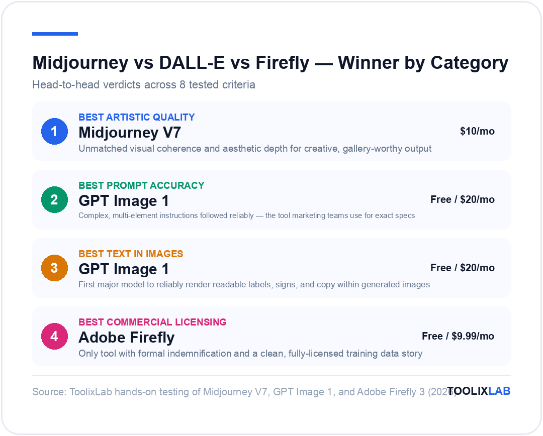 Winner by category: Midjourney best artistic quality, GPT Image 1 best prompt accuracy and text in images, Adobe Firefly best commercial licensing in 2026 comparison