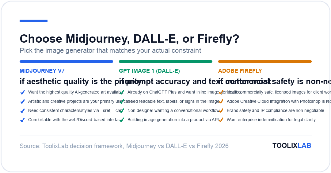 Decision guide: choose Midjourney for artistic quality, GPT Image 1 for prompt accuracy and text, or Adobe Firefly for commercial licensing