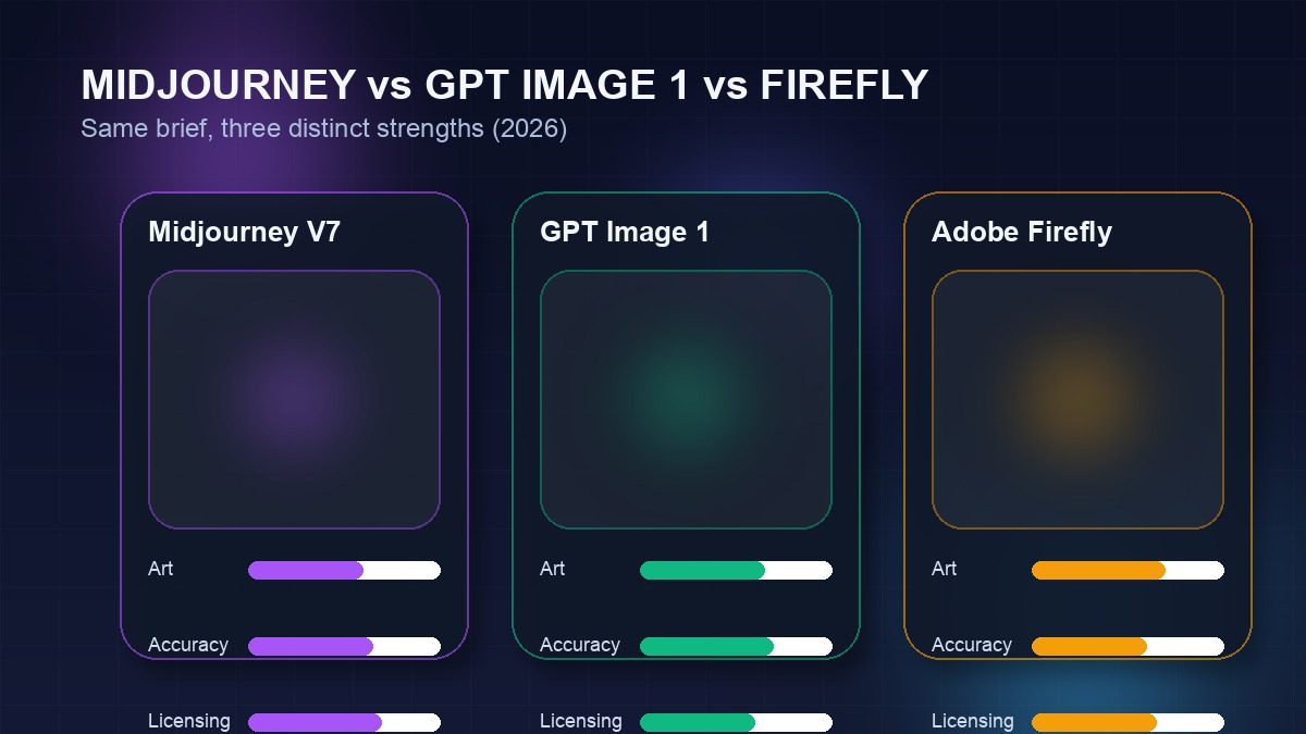 Side-by-side comparison graphic for Midjourney V7, GPT Image 1, and Adobe Firefly 3 highlighting strengths across artistic quality, prompt accuracy, and licensing in 2026