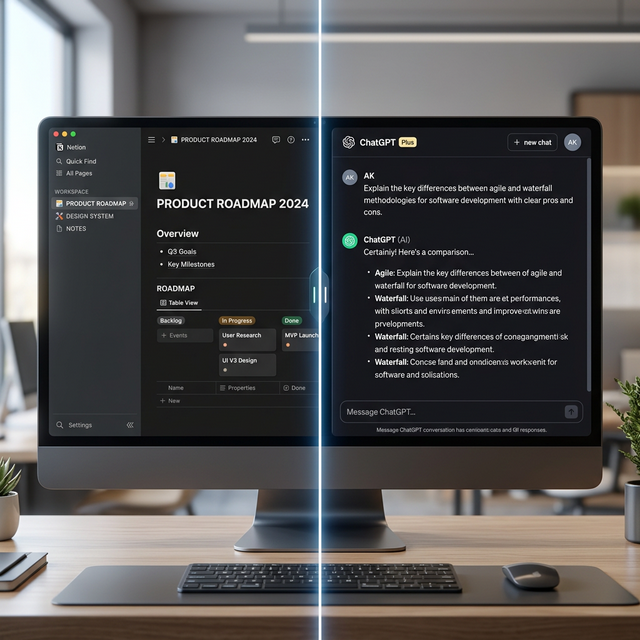 Split screen showing Notion AI workspace interface on the left and ChatGPT conversation interface on the right