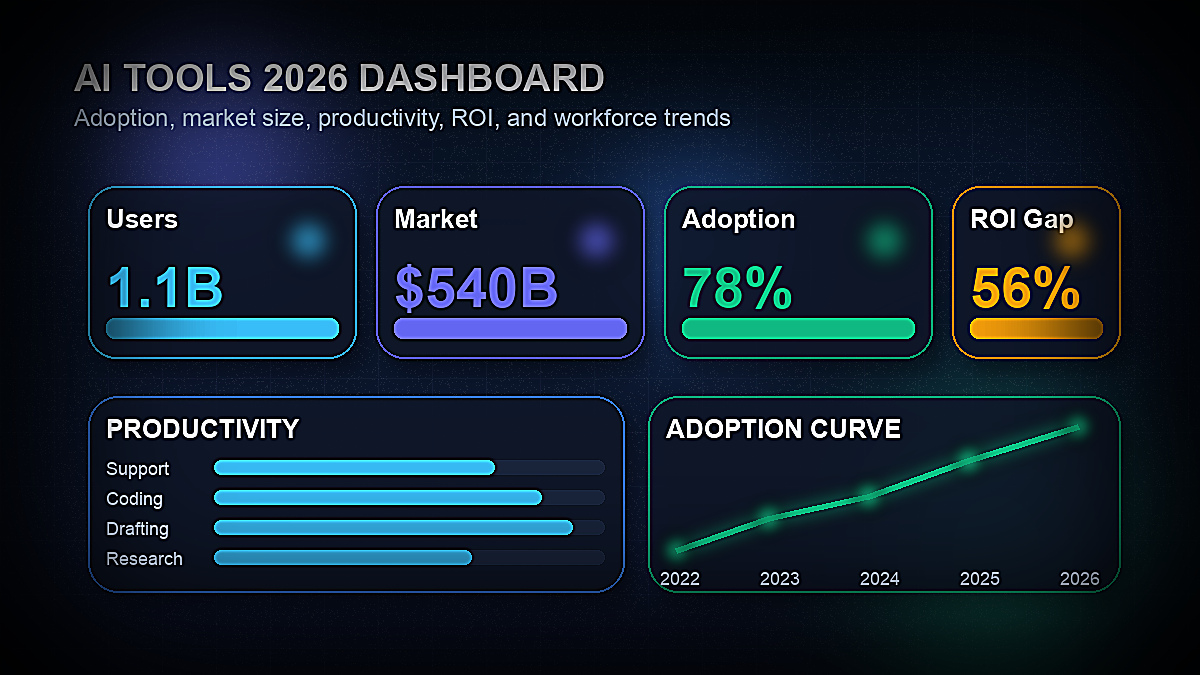AI tools 2026 dashboard showing market size, global users, company adoption, ROI gap, productivity gains, and adoption curve statistics