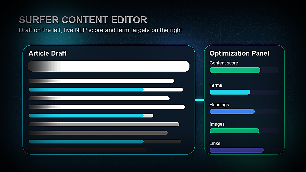 Surfer SEO Content Editor layout showing draft area, live content score, and optimization targets