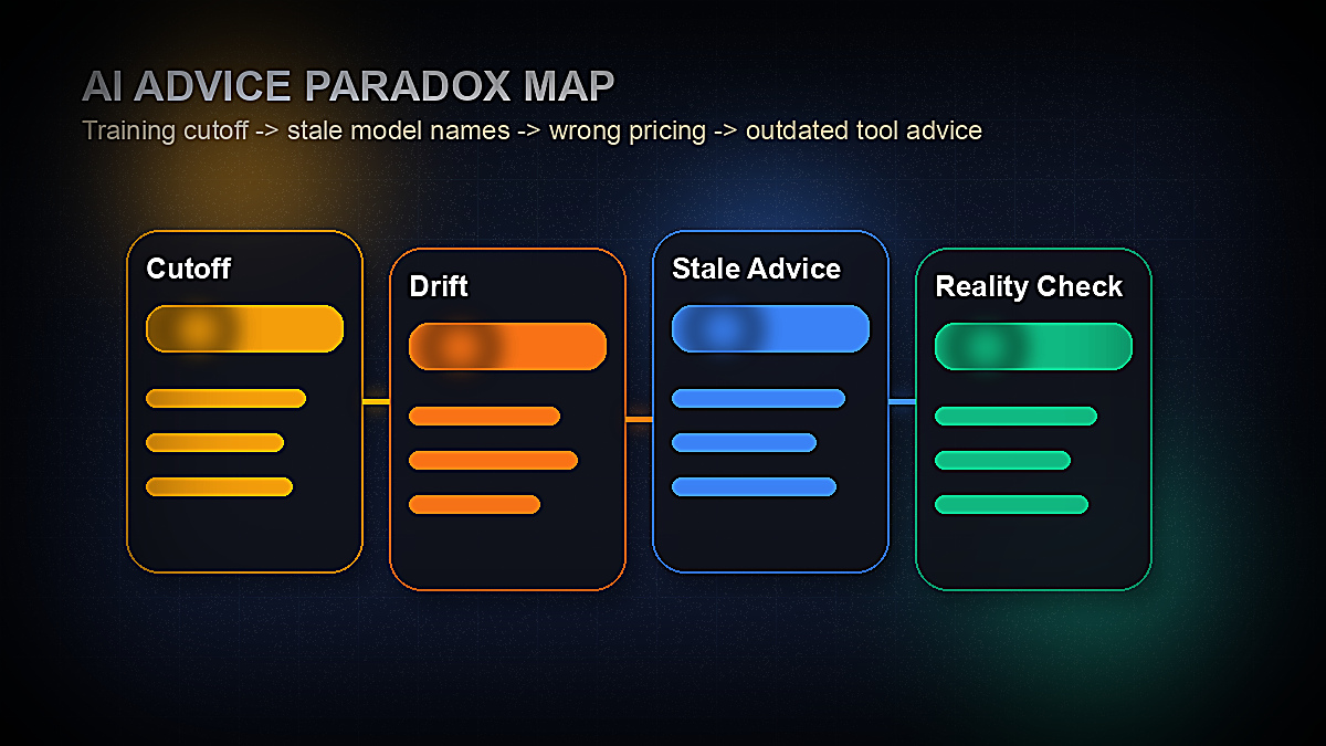 AI advice paradox map showing training data cutoff, model drift, stale recommendations, and reality-check workflow for AI tool advice in 2026
