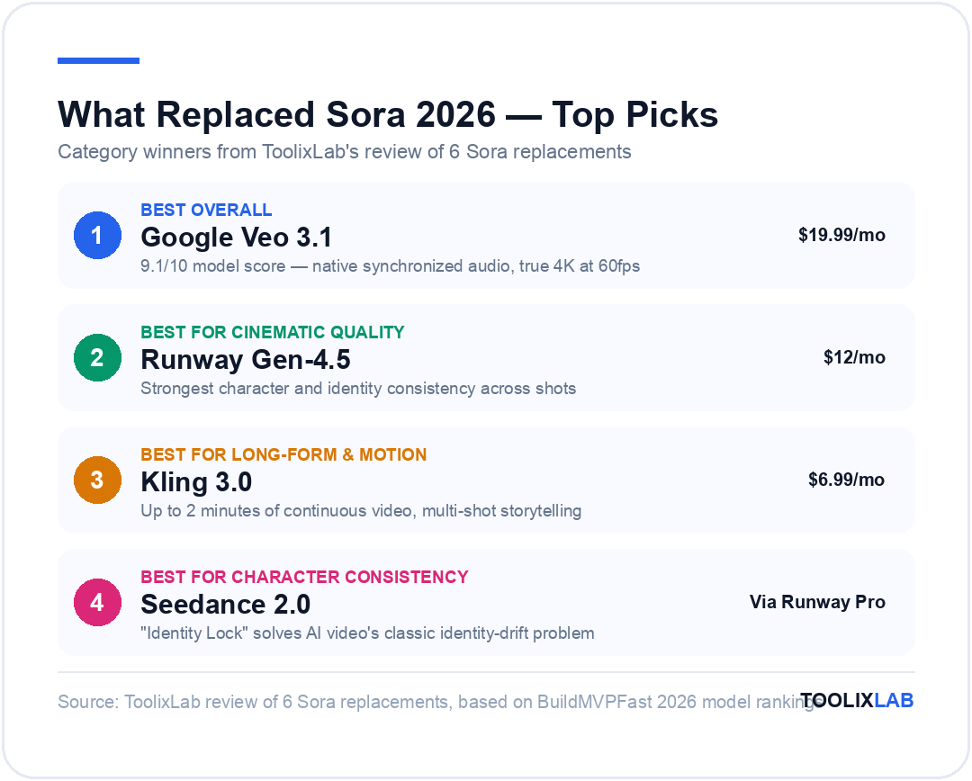 Top Sora replacement picks 2026: Google Veo 3.1 best overall, Runway Gen-4.5 best for cinematic quality, Kling 3.0 best for long-form and motion, Seedance 2.0 best for character consistency